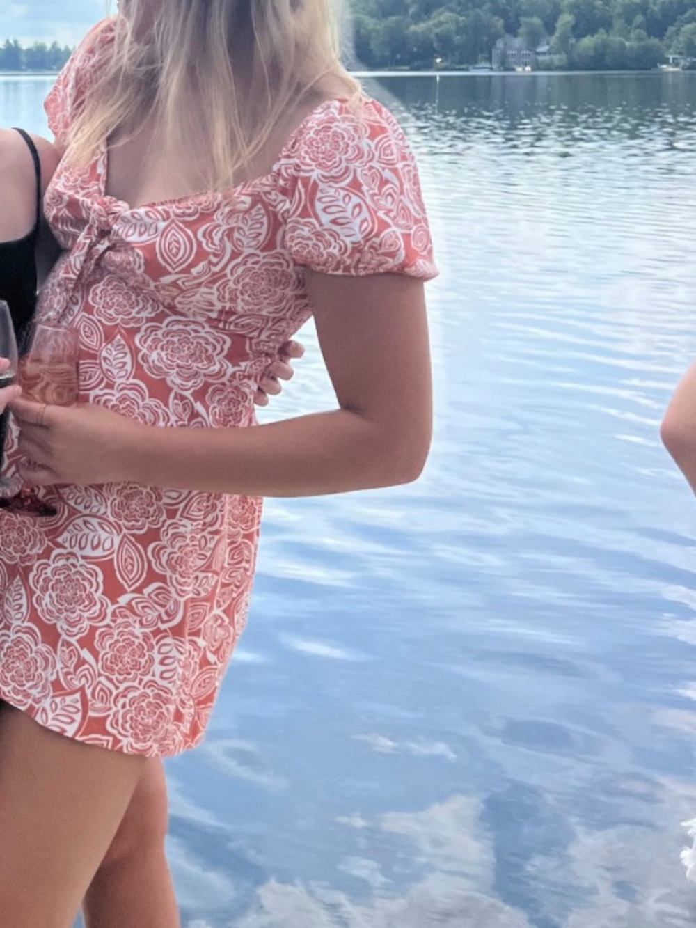 Jessica Simpson Coral and White Printed Smocked-Neck Mini Dress